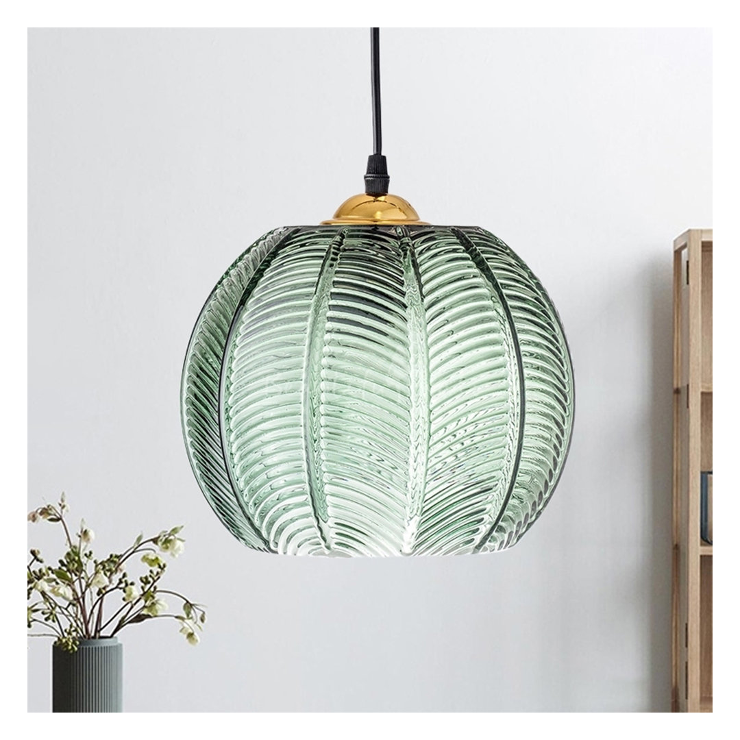 Modern Style Pumpkin Shape Hanging Light  Ribbed Glass Dining Room Ceiling Light In Green